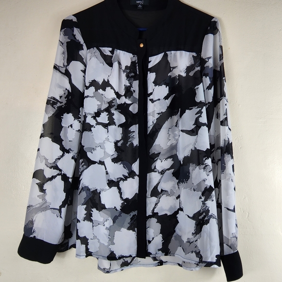 Very J Tops - Very J Women's Black White Longsleeve Watercolor Pattern Chiffon Blouse Medium